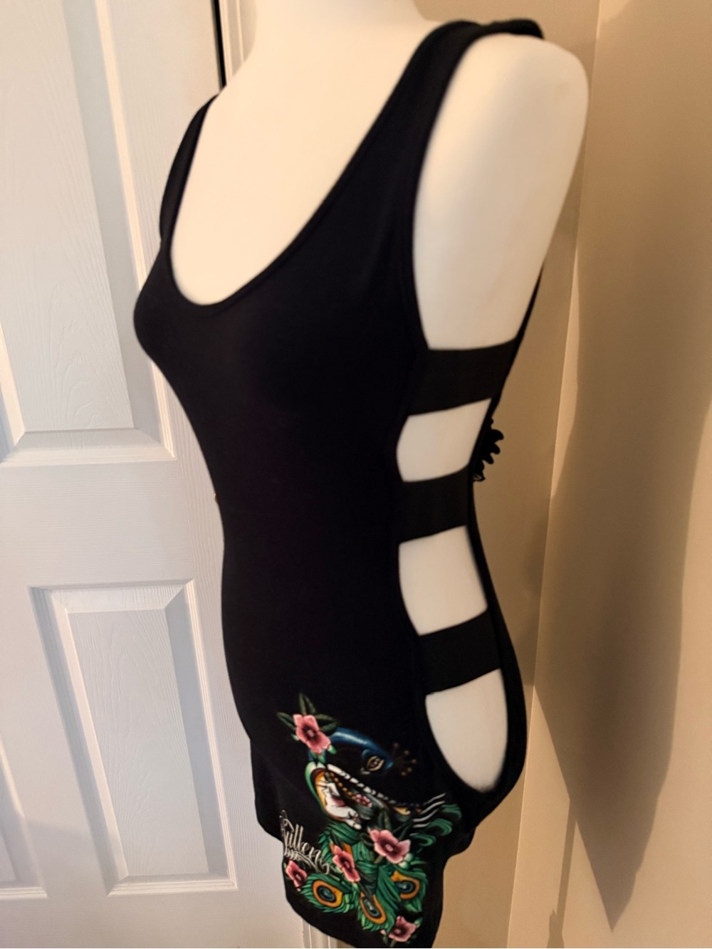 Black Cutout Mini Dress with Floral Embroidery
